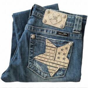 Miss Me Mid Rise Star Patch Crystal Studded Medium Wash Boot Cut Jeans Size 29